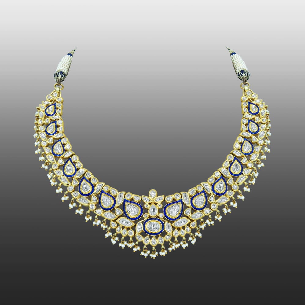 Polki Necklace with Blue Enamel and Layered Pearls